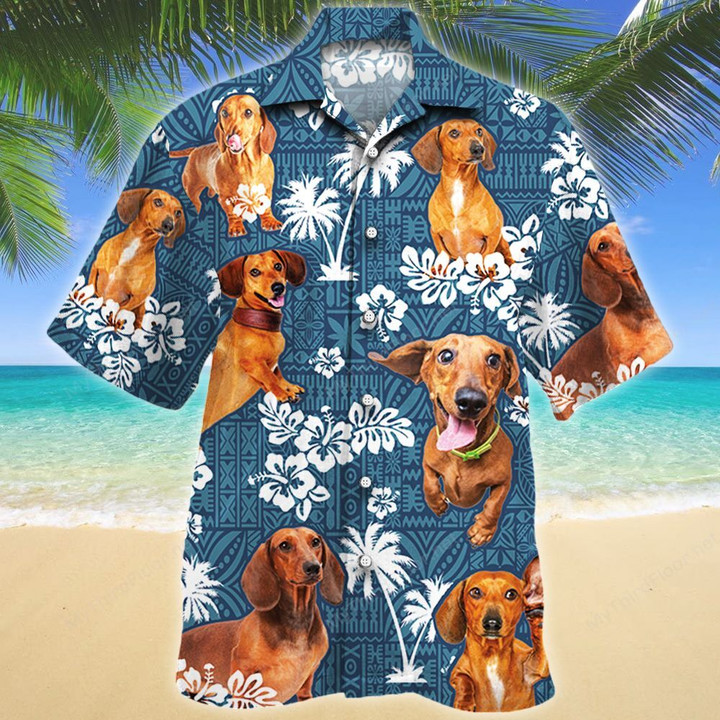 Dachshund Dog Lovers Blue Tribal Pattern Hawaiian Shirt