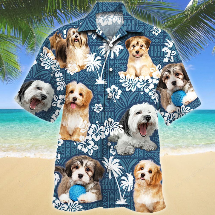 Havanese Dog Lovers Blue Tribal Pattern Hawaiian Shirt