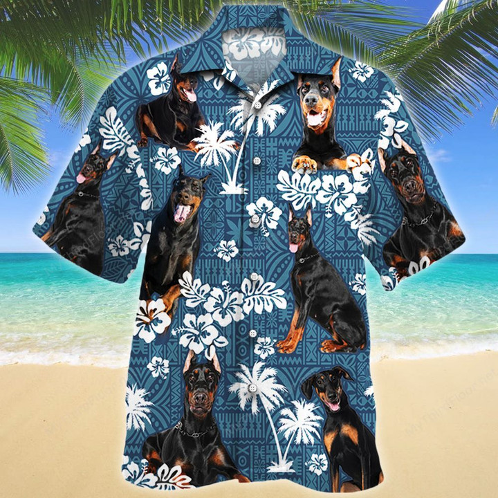 Doberman Pinscher Dog Lovers Blue Tribal Pattern Hawaiian Shirt