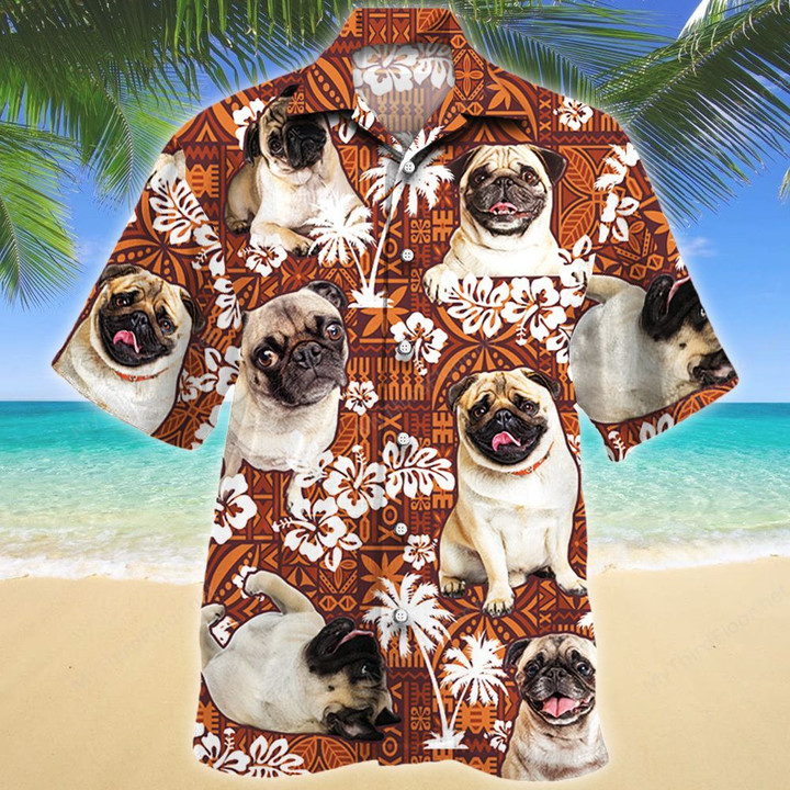 Pug Dog Lovers Red Tribal Pattern Hawaiian Shirt