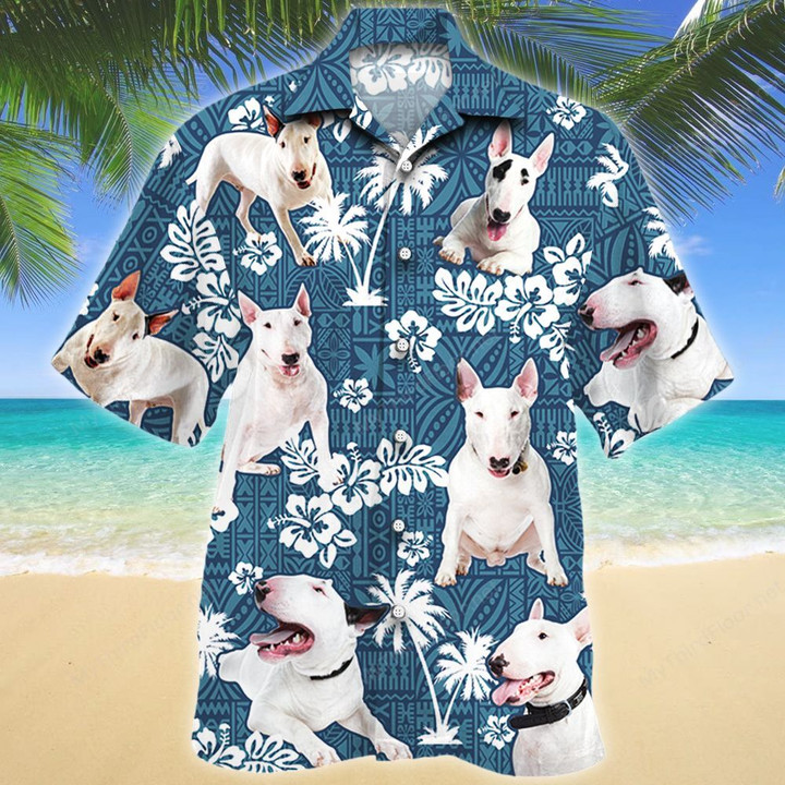 Bull Terrier Dog Blue Tribal Pattern Hawaiian Shirt