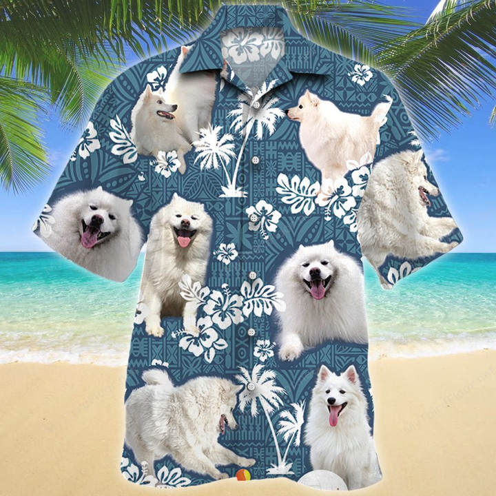 American Eskimo Dog Blue Tribal Pattern Hawaiian Shirt