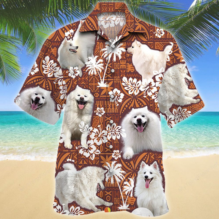 American Eskimo Dog Red Tribal Pattern Hawaiian Shirt