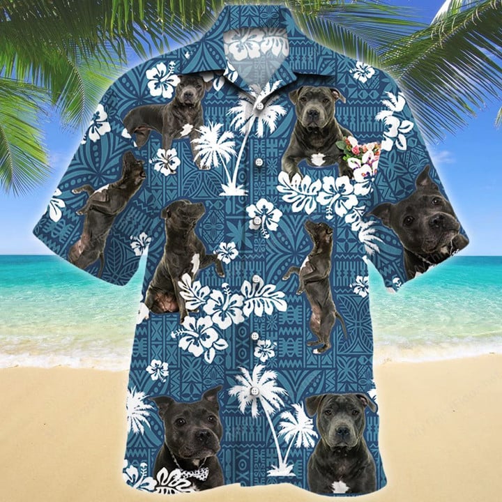 Staffordshire Bull Terrier Dog Blue Tribal Pattern Hawaiian Shirt