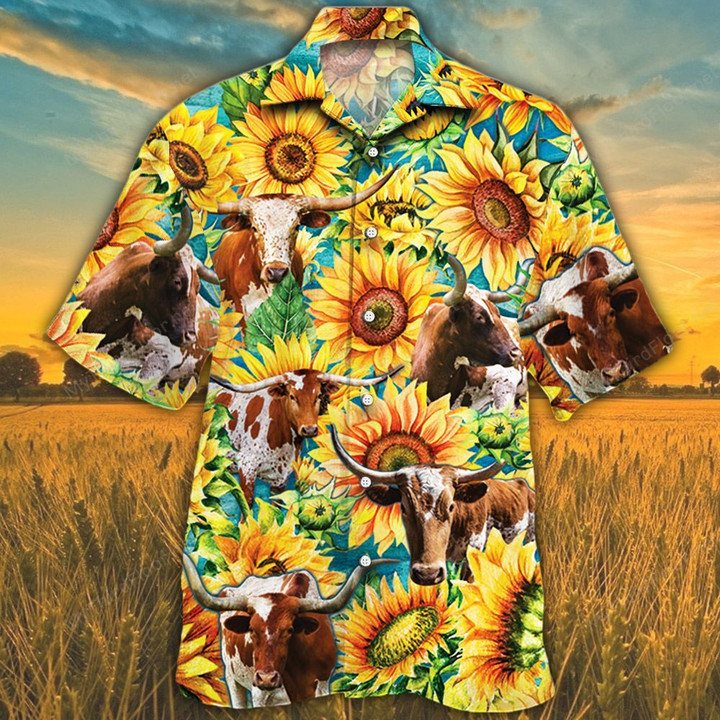TX Longhorn Cattle Lovers Sunflower Watercolor Hawaiian Shirt