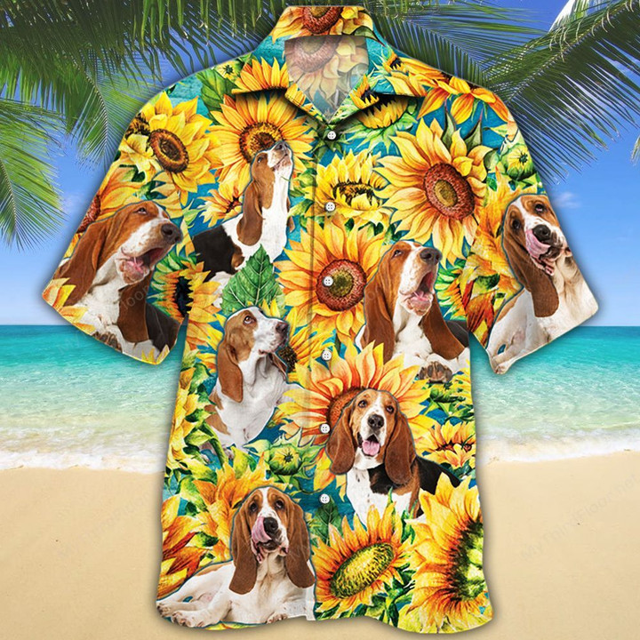 Basset Hound Dog Lovers Sunflower Watercolor Hawaiian Shirt