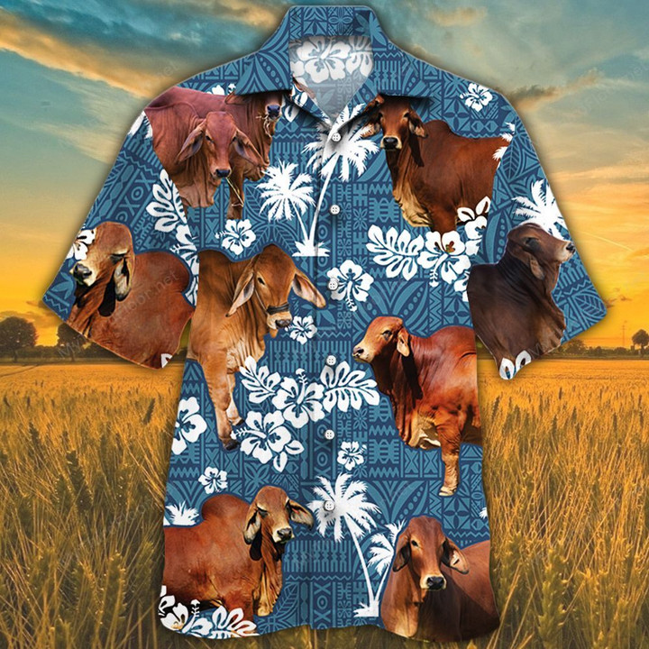 Red Brahman Cattle Lovers Blue Tribal Pattern Hawaiian Shirt