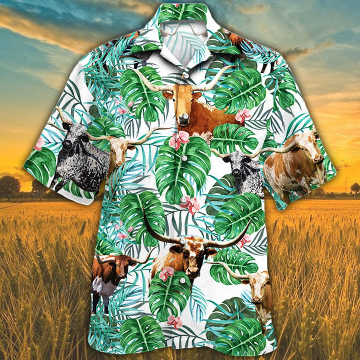 TX Longhorn Cattle Lovers Tropical Plant Hawaiian Shirt