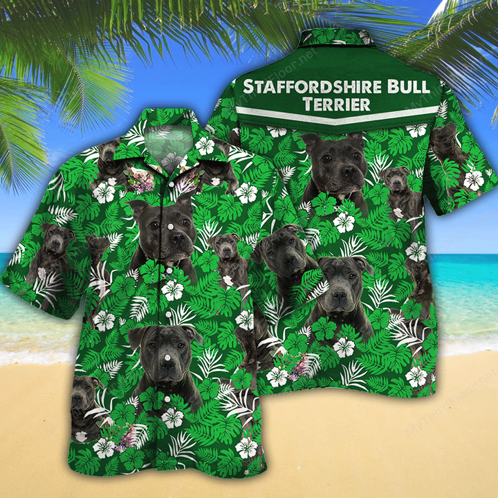 Staffordshire Bull Terrier Dog Lovers Green Floral Pattern Hawaiian Shirt