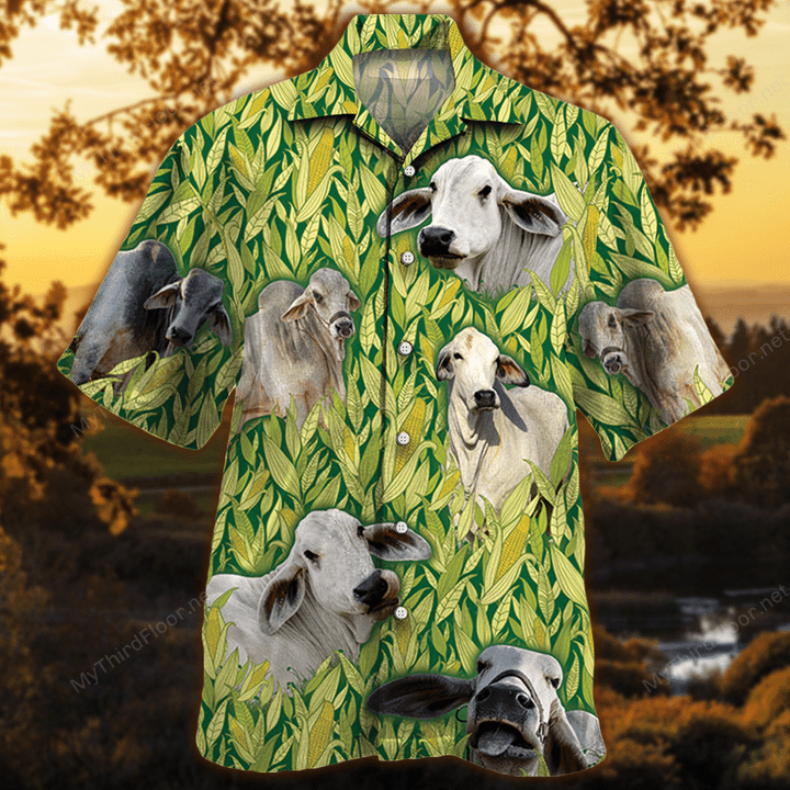 Brahman Cattle Lovers Corn Pattern Hawaiian Shirt