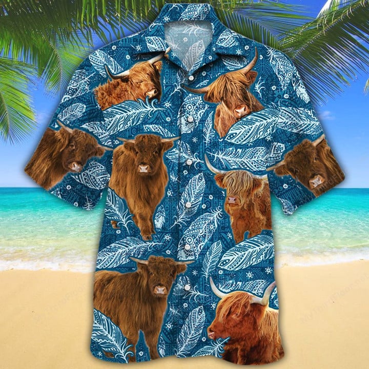 Highland Cattle Lovers Blue Feather Hawaiian Shirt