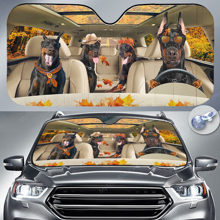 Doberman Pinscher Dog Lovers Autumn Road Car Auto Sunshade 57" x 27.5"
