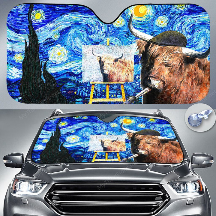 Highland Cattle Lovers Starry Night Funny Car Auto Sunshade 57" x 27.5"