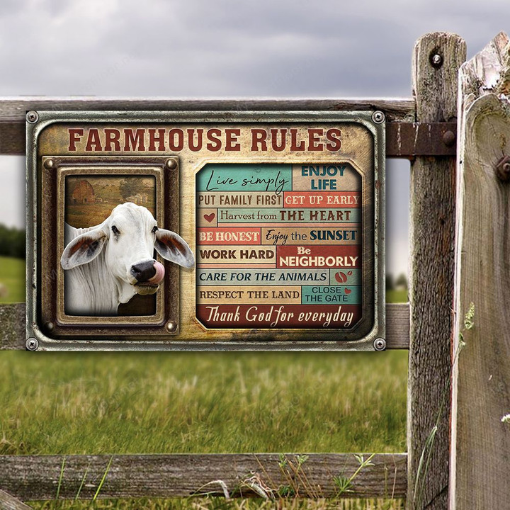 Brahman Cattle Lovers Farmhouse Rules Metal Sign