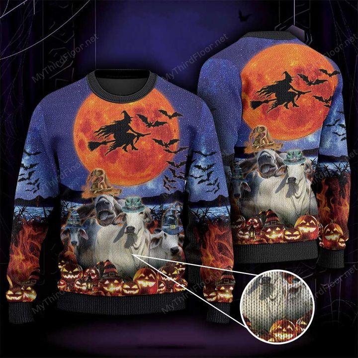 Brahman Cattle Lovers Halloween Moon Knitted Sweater