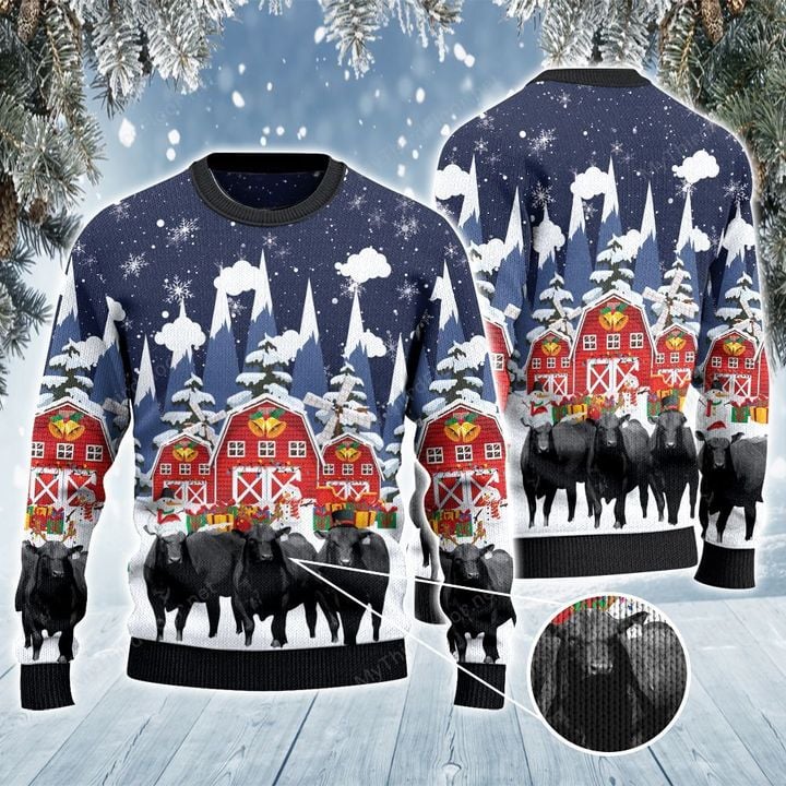 Black Angus Cattle Lovers Christmas Gift Snow Farm Knitted Sweater