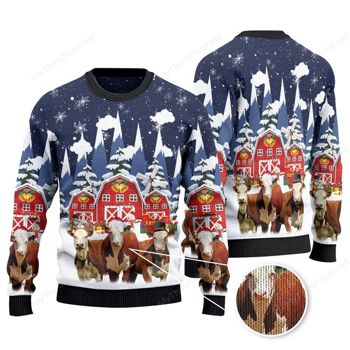 Hereford Cattle Lovers Christmas Gift Snow Farm Knitted Sweater
