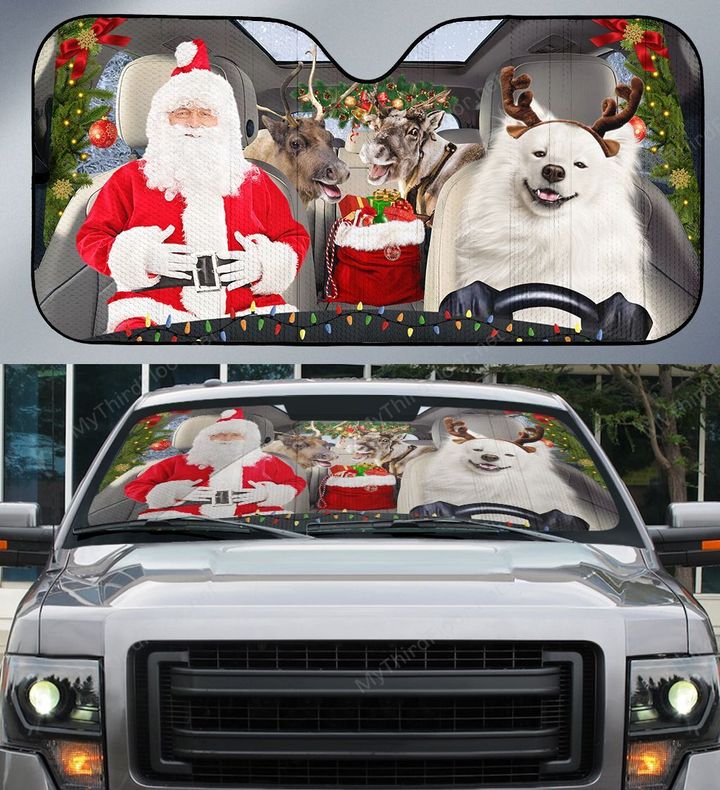American Eskimo Dog Lovers Santa Sleigh Car Auto Sunshade 57" x 27.5"