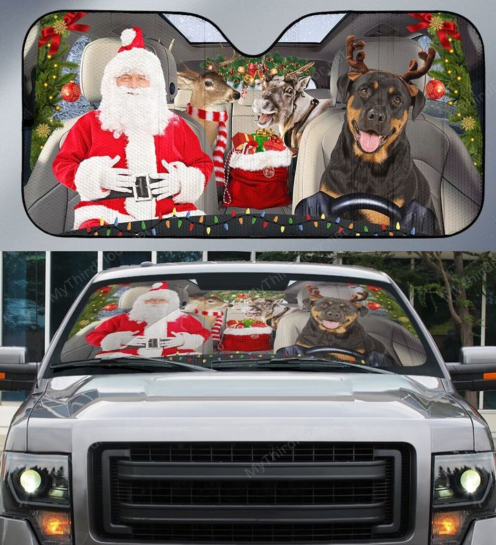 Rottweiler Dog Lovers Santa Sleigh Car Auto Sunshade 57" x 27.5"