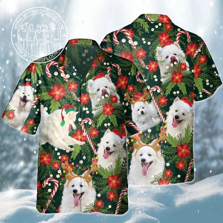 American Eskimo Dog Lovers Christmas Red Flower Hawaiian Shirt