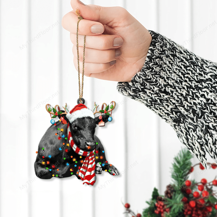 Black Angus Cattle Lovers Christmas Gift Santa Hat Custom Shape Acrylic Ornament