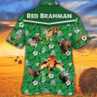 Red Brahman Cattle Lovers Green Floral Pattern Hawaiian Shirt