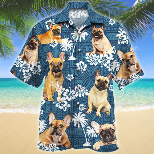 French Bulldog Dog Lovers Blue Tribal Pattern Hawaiian Shirt