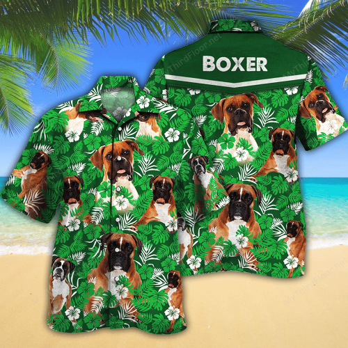 Boxer Dog Lovers Green Floral Pattern Hawaiian Shirt