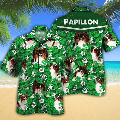 Papillon Dog Lovers Green Floral Pattern Hawaiian Shirt