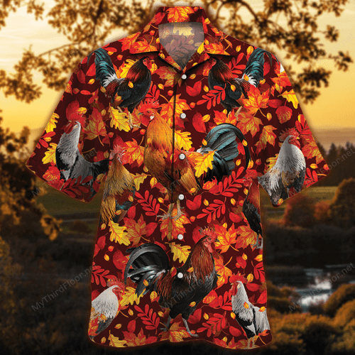 Rooster Chicken Lovers Autumn Red Leaves Hawaiian Shirt