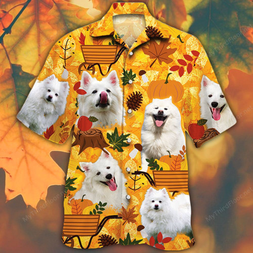 American Eskimo Dog Lovers Orange Nature Autumn Hawaiian Shirt