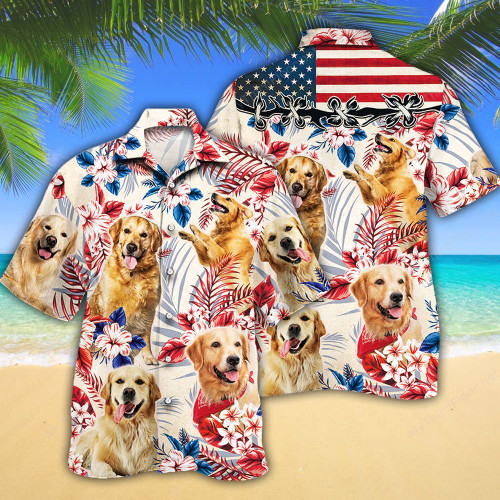 Golden Retriever Dog Lovers American Flag Hawaiian Shirt