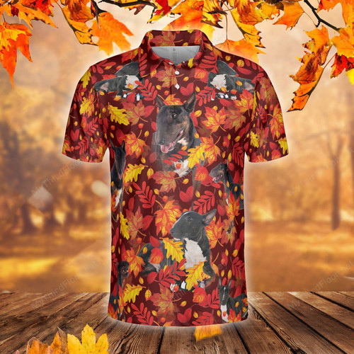 Miniature Bull Terrier Dog Lovers Autumn Red Leaves Polo Shirt