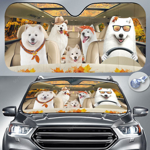 Samoyed Dog Lovers Autumn Road Car Auto Sunshade 57" x 27.5"