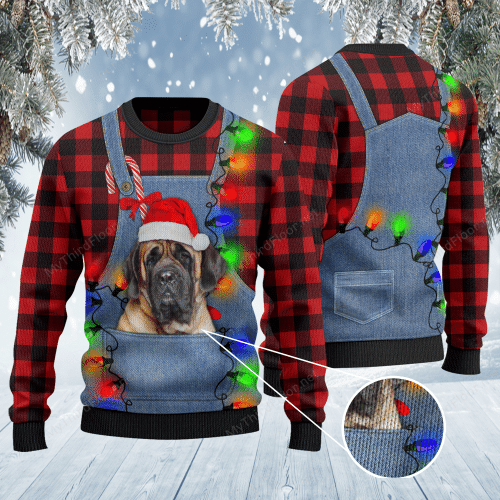 English Mastiff Dog Lovers Red Plaid Shirt And Denim Bib Overalls Knitted Sweater