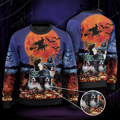 Border Collie Dog Lovers Halloween Moon Knitted Sweater