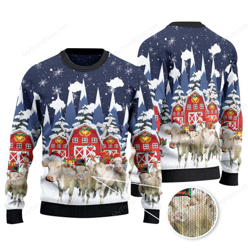 Charolais Cattle Lovers Christmas Gift Snow Farm Knitted Sweater