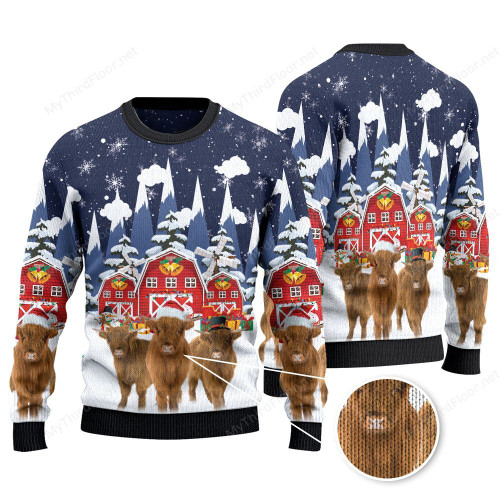 Highland Cattle Lovers Christmas Gift Snow Farm Knitted Sweater