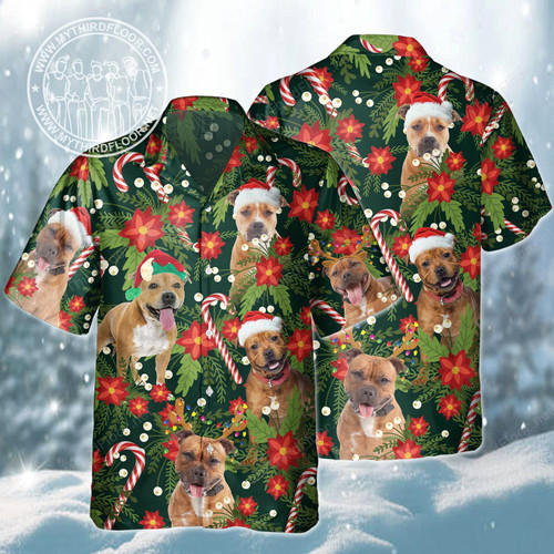 Staffordshire Bull Terrier Dog Lovers Christmas Red Flower Hawaiian Shirt
