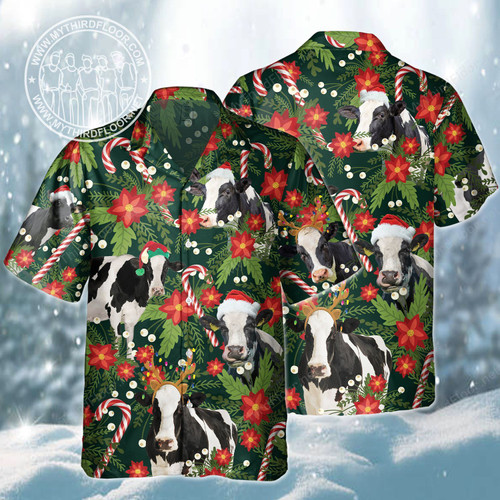 Holstein Friesian Cattle Lovers Christmas Red Flower Hawaiian Shirt