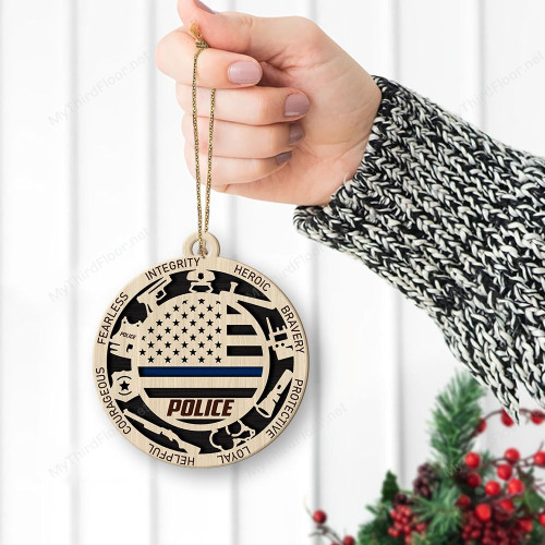 Thin Blue Line Police Christmas Gift 2 Layered Wooden Ornament