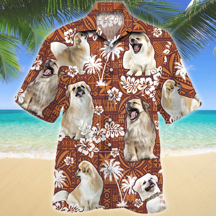 Tibetan Spaniel Dog Red Tribal Pattern Hawaiian Shirt