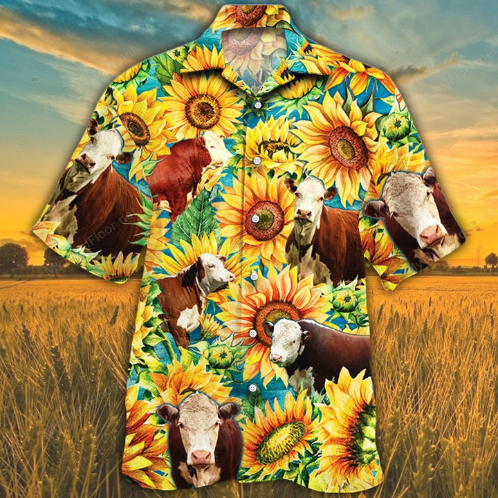 Hereford Cattle Lovers Sunflower Watercolor Hawaiian Shirt