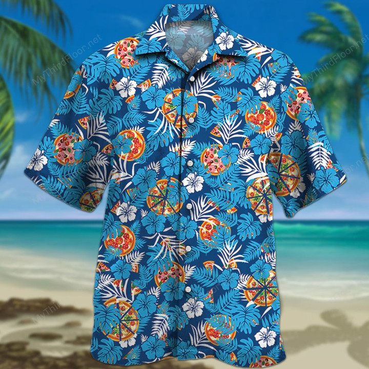 Pizza Lovers Blue Floral Hawaiian Shirt