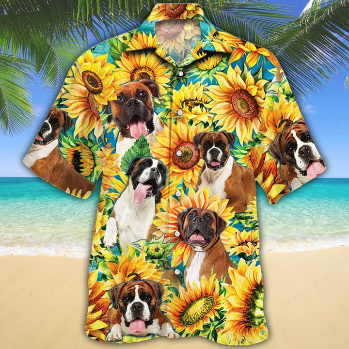 Boxer Dog Lovers Sunflower Watercolor Hawaiian Shirt