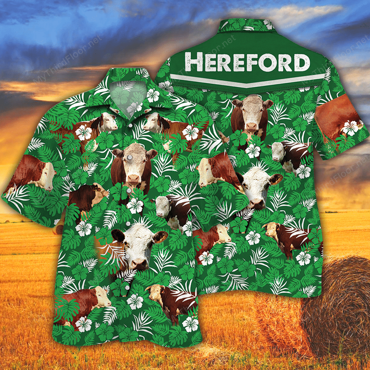 Hereford Cattle Lovers Green Floral Pattern Hawaiian Shirt