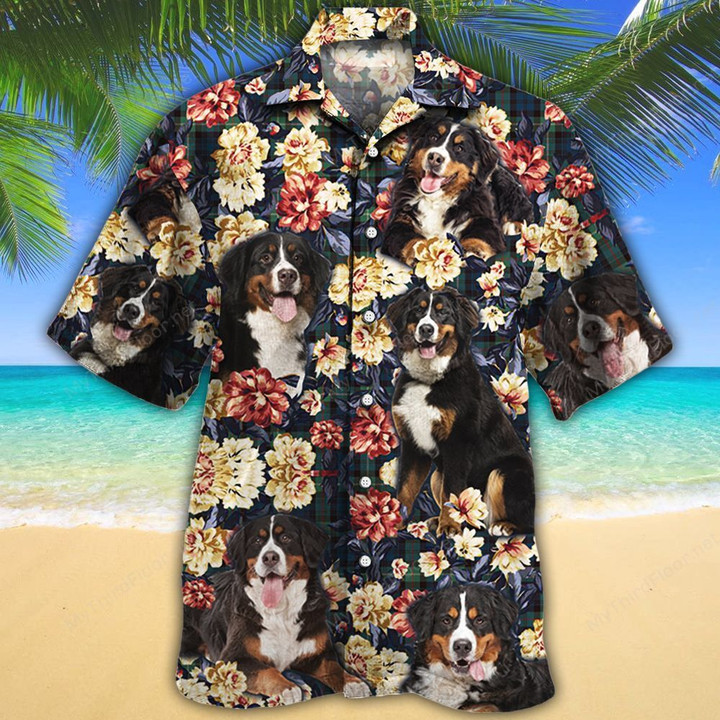 Bernese Mountain Dog Lovers Green Plaid Pattern Hawaiian Shirt