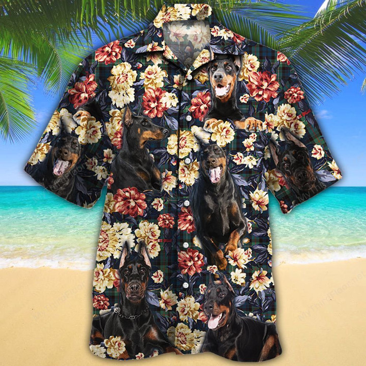 Doberman Pinscher Dog Lovers Green Plaid Pattern Hawaiian Shirt