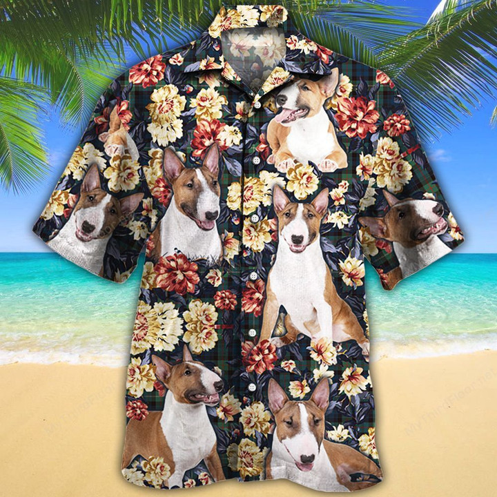 Miniature Bull Terrier Dog Lovers Green Plaid Pattern Hawaiian Shirt