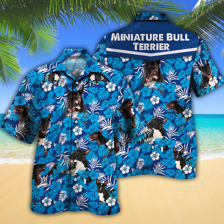 Miniature Bull Terrier Dog Lovers Blue Floral Pattern Hawaiian Shirt